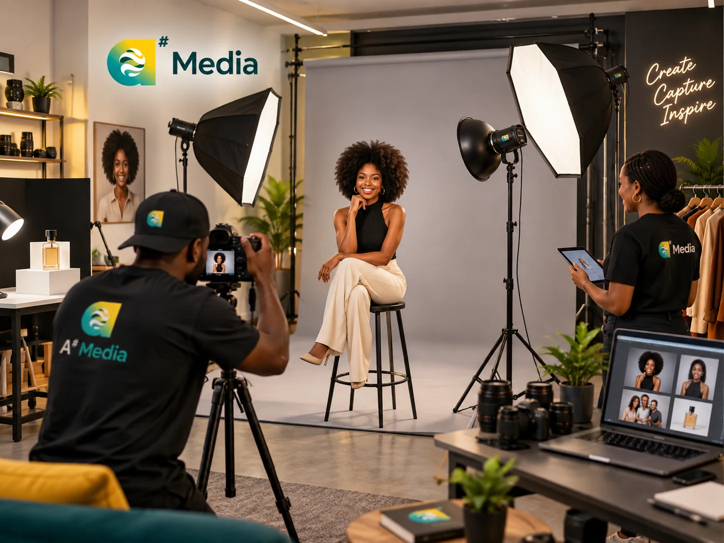 A# Media professional photo studio with African family portrait session, lights, backdrop and camera gear
