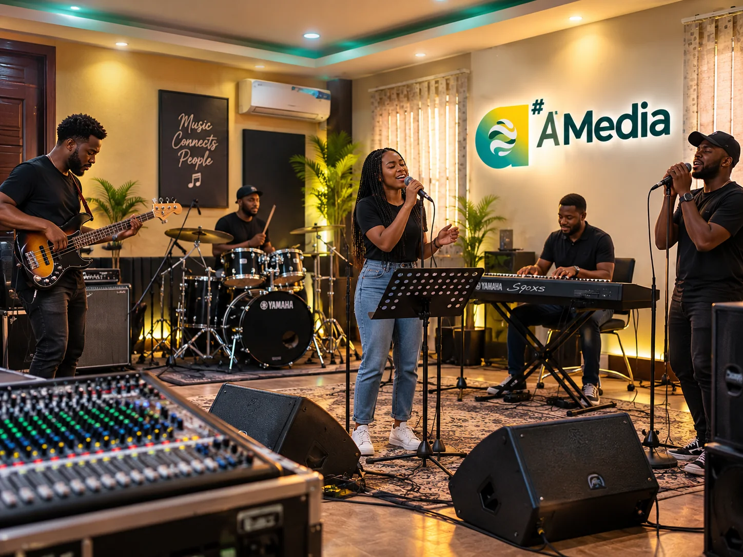 A# Media band rehearsal space with African musicians, drums, keyboard, bass guitar and PA equipment