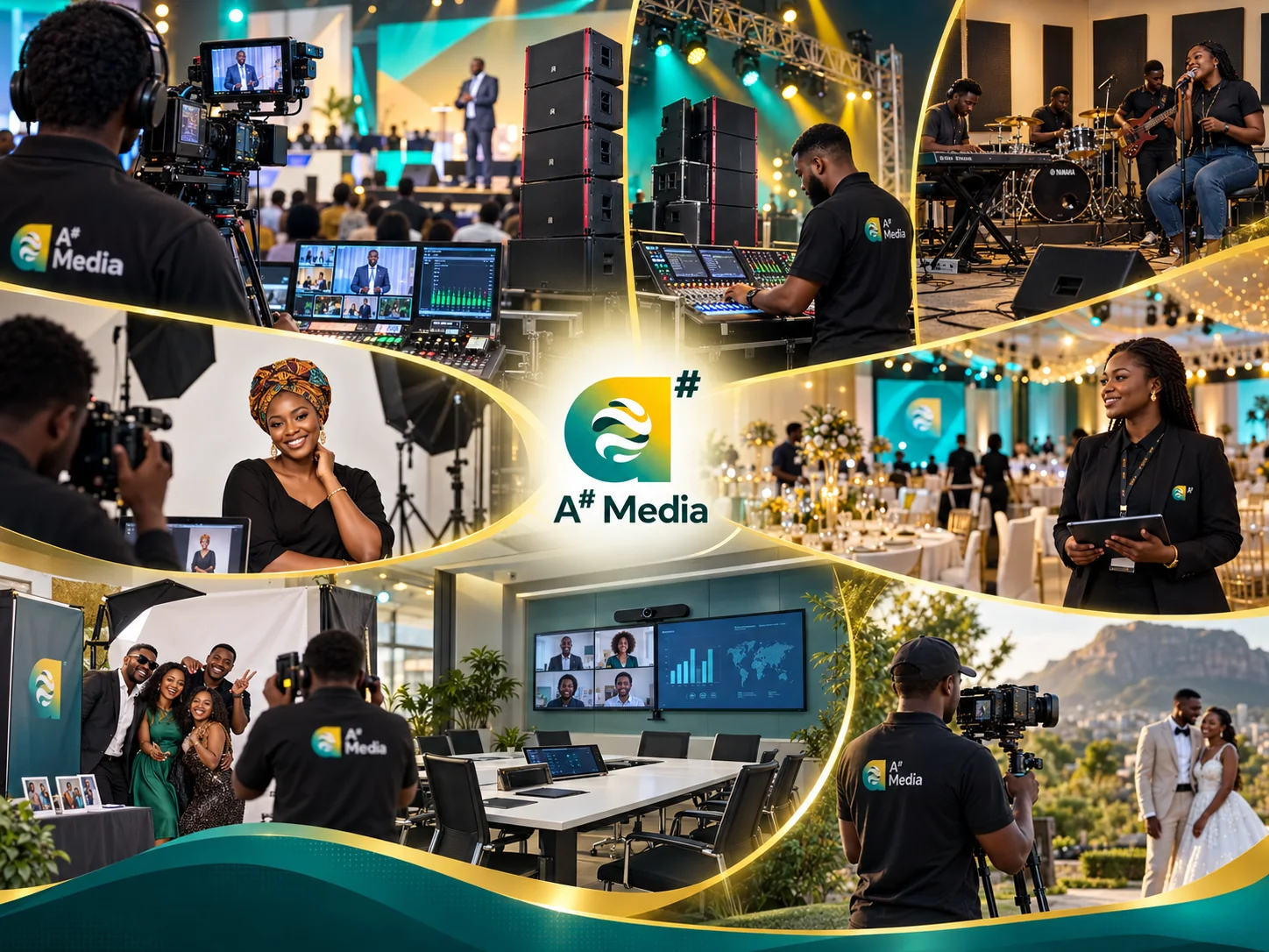 A# Media service collage showing livestreaming, sound and lighting rental, event management, rehearsal, conference, studio and outdoor photography services