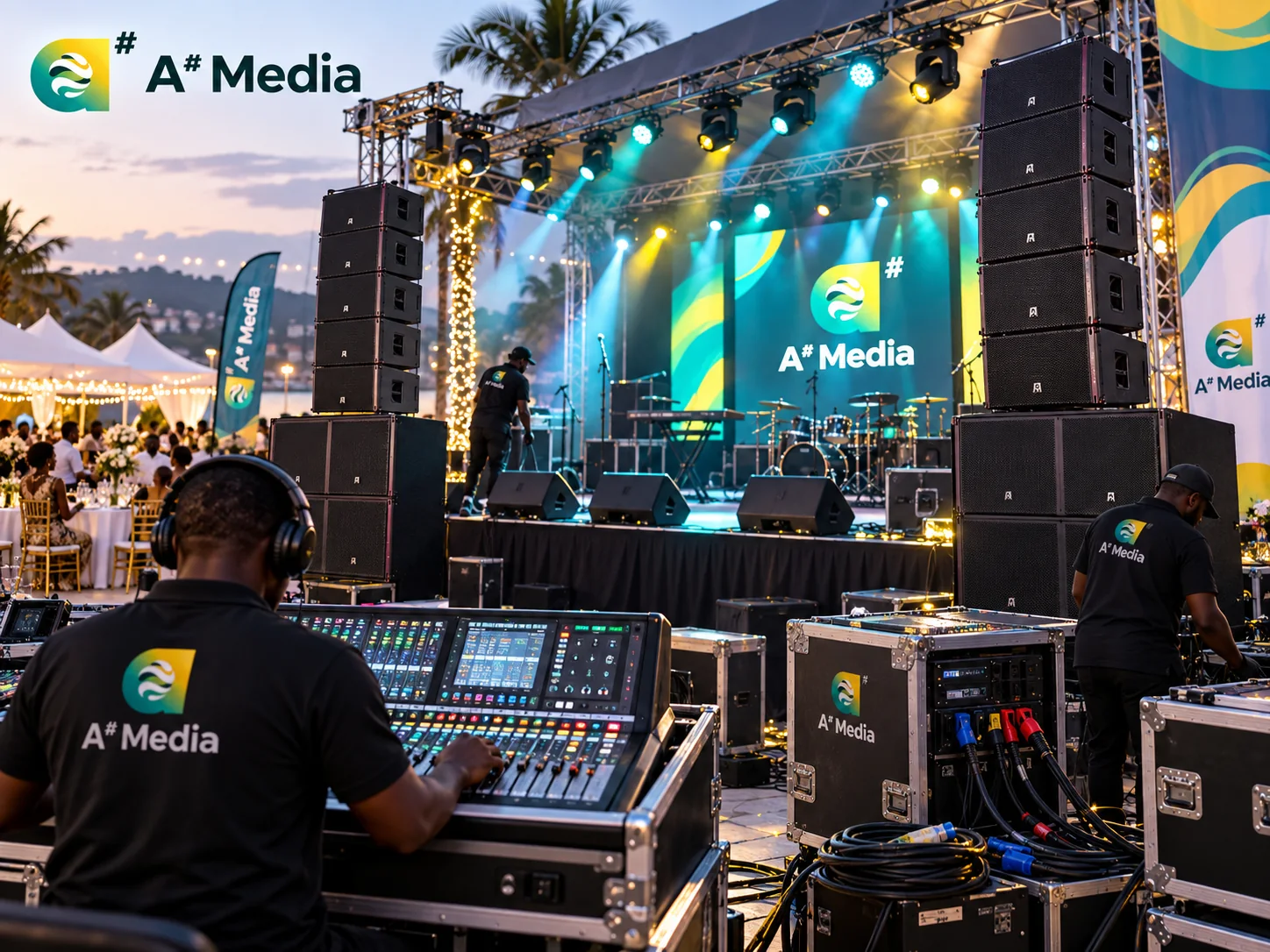 A# Media sound, lights and power equipment rental setup with stage, speakers, mixing console and event lighting