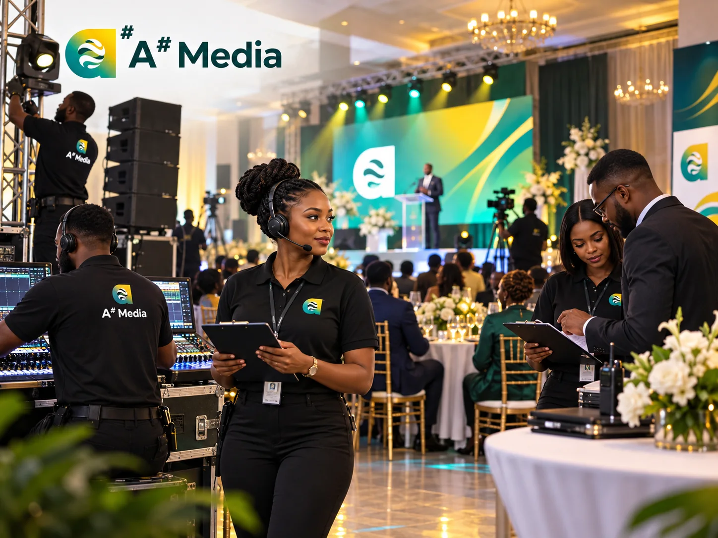 A# Media event management team coordinating an elegant event with African guests, stage and production support