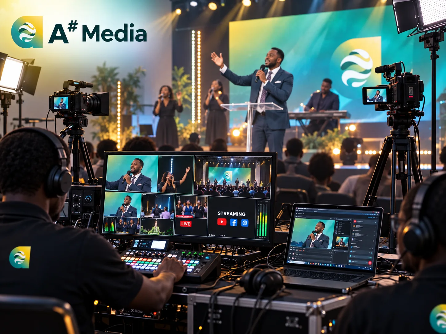 A# Media livestream production setup with African presenter, cameras, switching console and live streaming screens