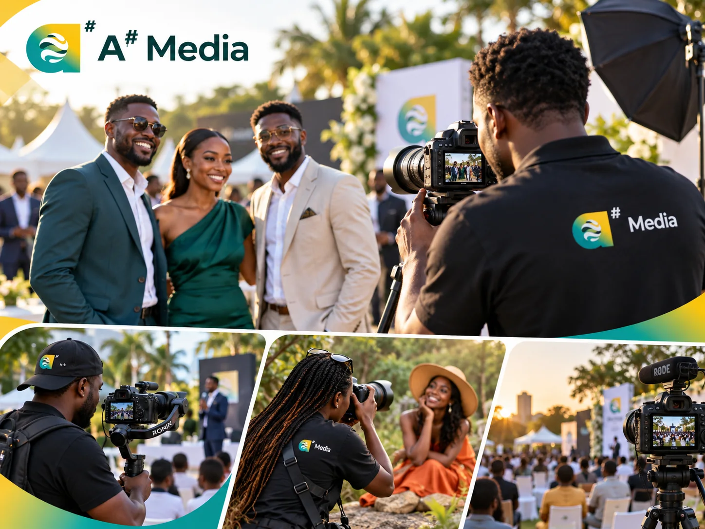 A# Media outdoor photography and videography collage showing African event coverage, portrait shooting and video production