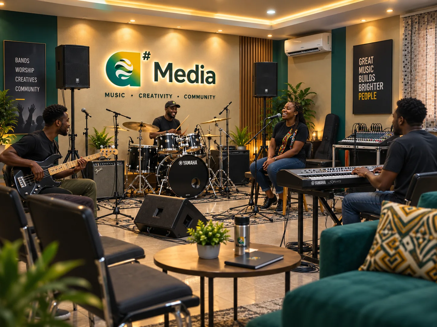 A# Media band rehearsal space with African musicians, drums, keyboard, bass guitar and audio equipment