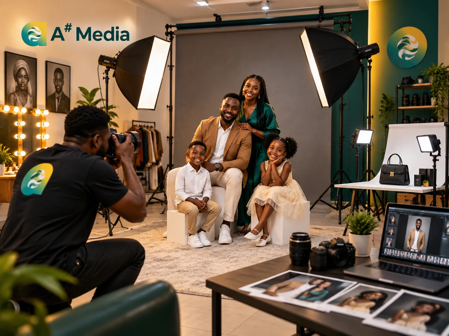A# Media photo studio with African model, photographer, softbox lights and backdrop